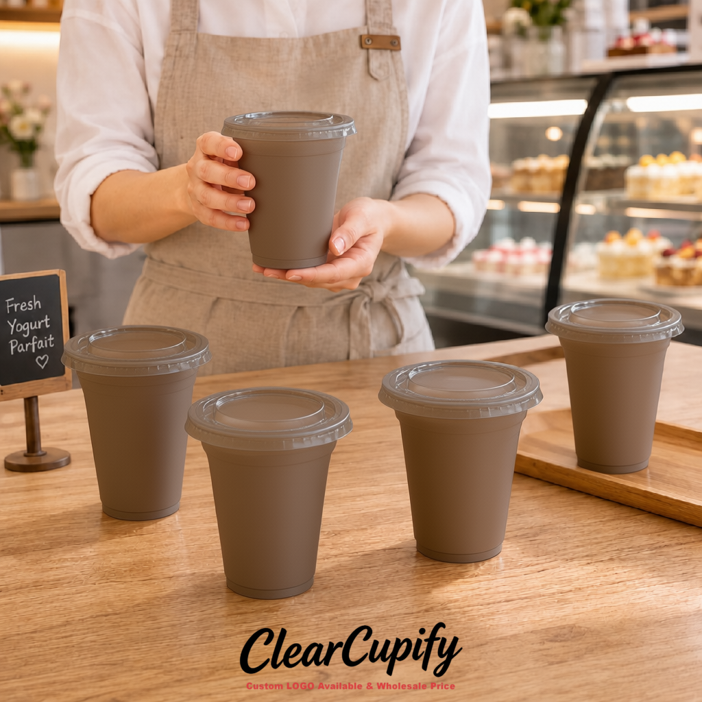 Taupe 12 oz Disposable Plastic Parfait Cups with Insert & Flat lids 3.85 x 2.1 x 4 inches