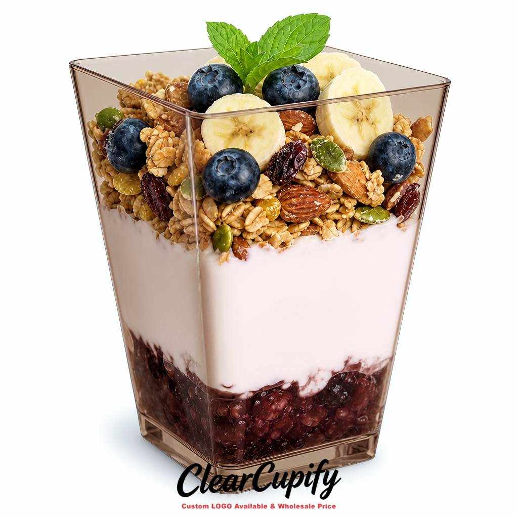 Wholesale Taupe 5 oz Square Clear Plastic Dessert Cups with Spoons for Appetizers, Puddings, Mousse, Parfait