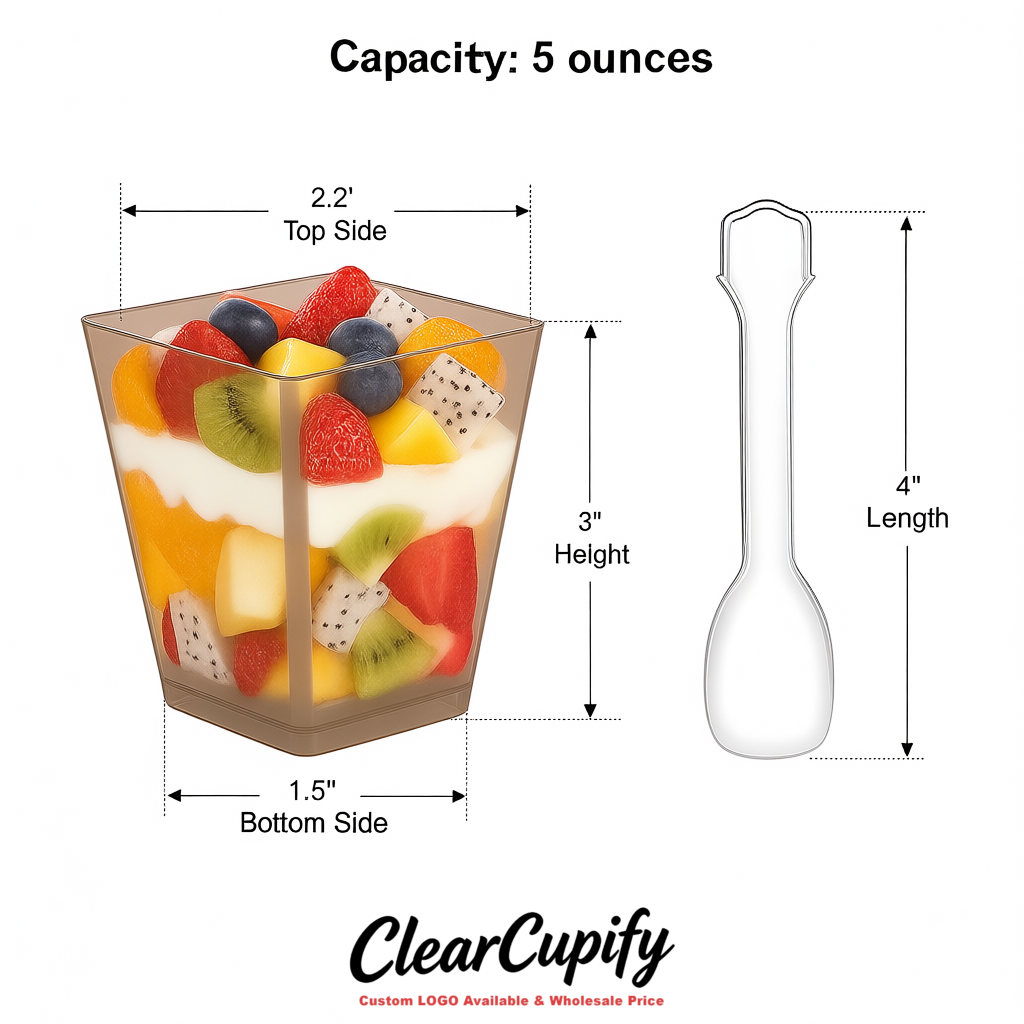 Wholesale Taupe 5 oz Square Clear Plastic Dessert Cups with Spoons for Appetizers, Puddings, Mousse, Parfait