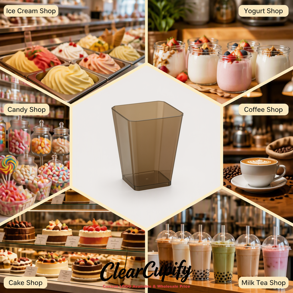 Wholesale Taupe 5 oz Square Clear Plastic Dessert Cups with Spoons for Appetizers, Puddings, Mousse, Parfait