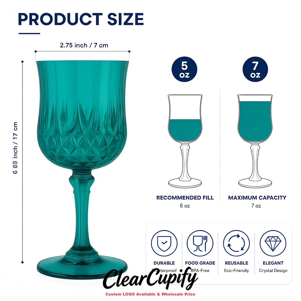 Teal 7oz Acrylic Plastic Wine Goblets - 2.7 x 6.7 inches Party & Wedding Wine Glasses