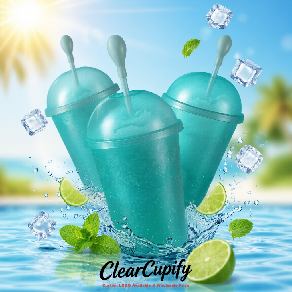 Teal 16 oz Plastic Slushie Cups with Dome Lid & Detachable Spoon Straws for Milkshake, Boba, Smoothies, Iced Coffee