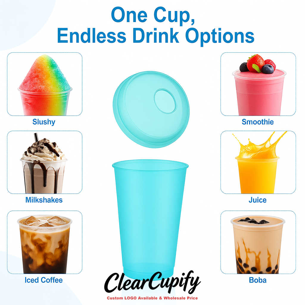 Teal 16 oz Plastic Slushie Cups with Dome Lid & Detachable Spoon Straws for Milkshake, Boba, Smoothies, Iced Coffee