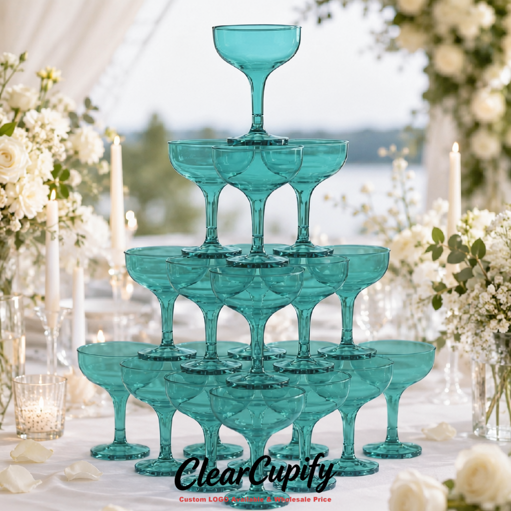 Teal 5oz Stackable Plastic Martini Glasses 4.13x3.14 inches/10.5x8 cm For Champagne Tower