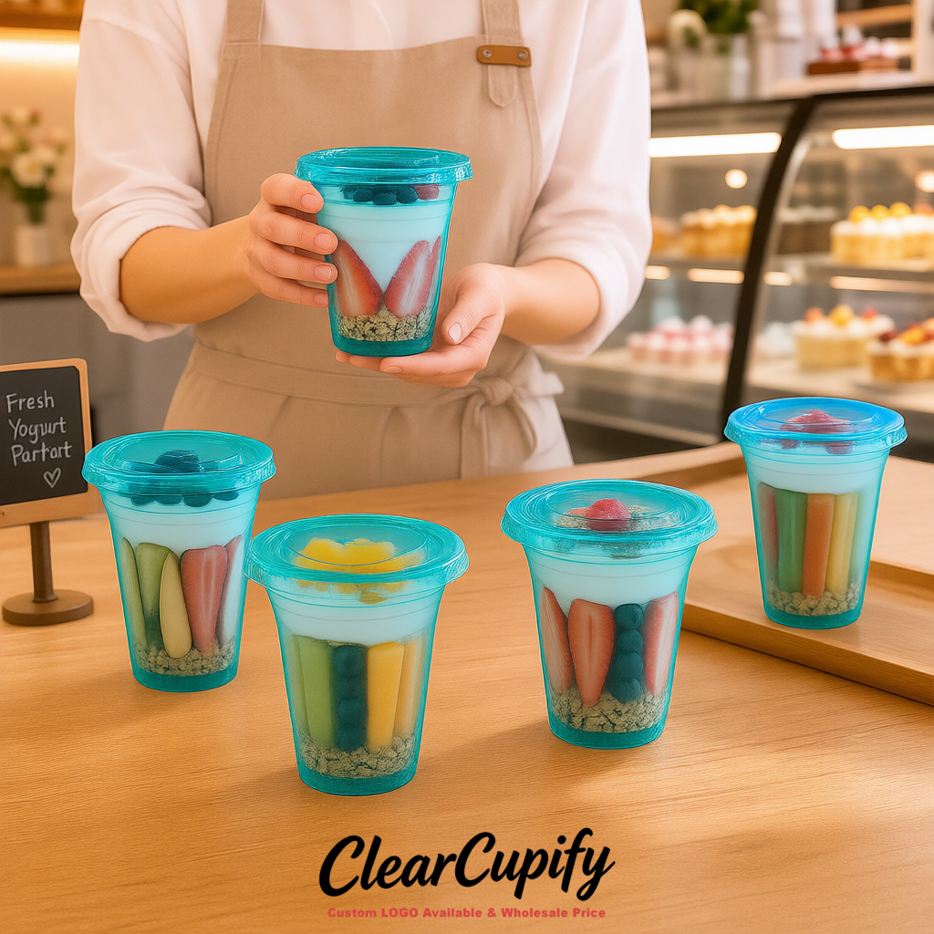 Teal 12 oz Disposable Plastic Parfait Cups with Insert & Flat lids 3.85 x 2.1 x 4 inches Teal 12 oz Disposable Plastic Parfait Cups with Insert & Flat lids 3.85 x 2.1 x 4 inches