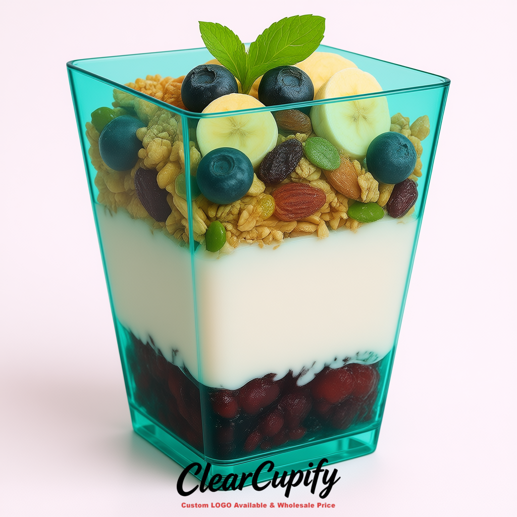 Wholesale Teal 5 oz Square Clear Plastic Dessert Cups with Spoons for Appetizers, Puddings, Mousse, Parfait