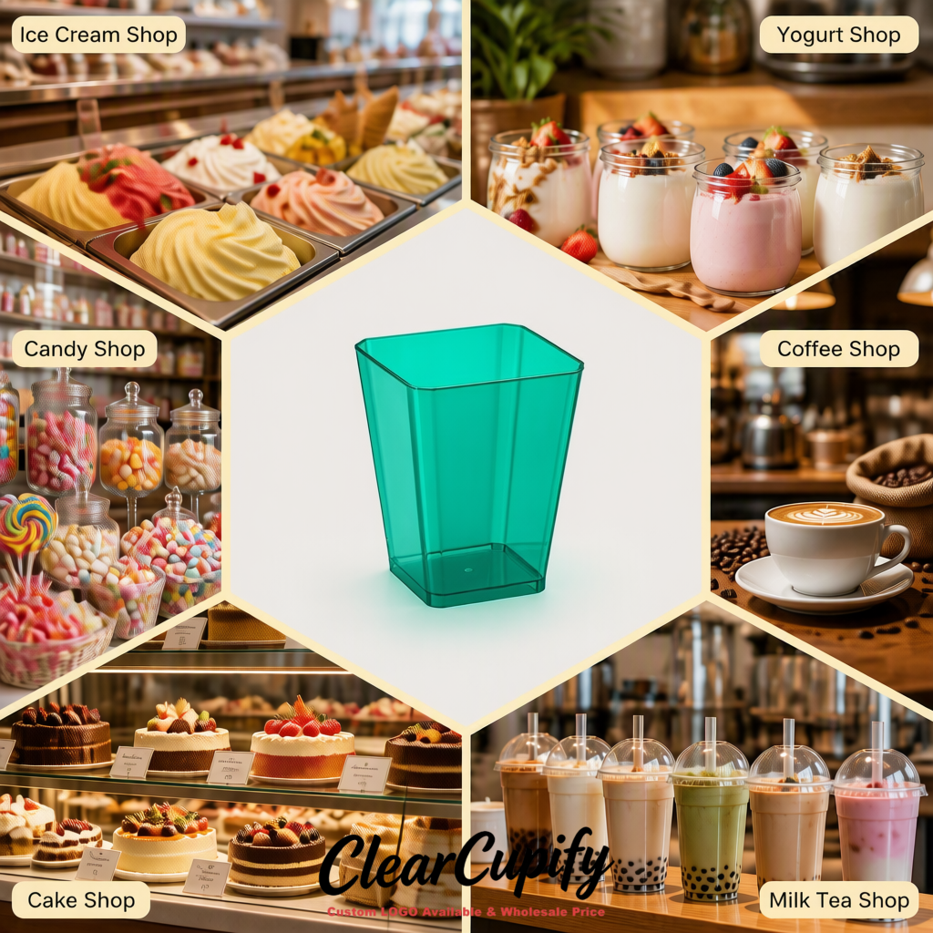 Wholesale Teal 5 oz Square Clear Plastic Dessert Cups with Spoons for Appetizers, Puddings, Mousse, Parfait