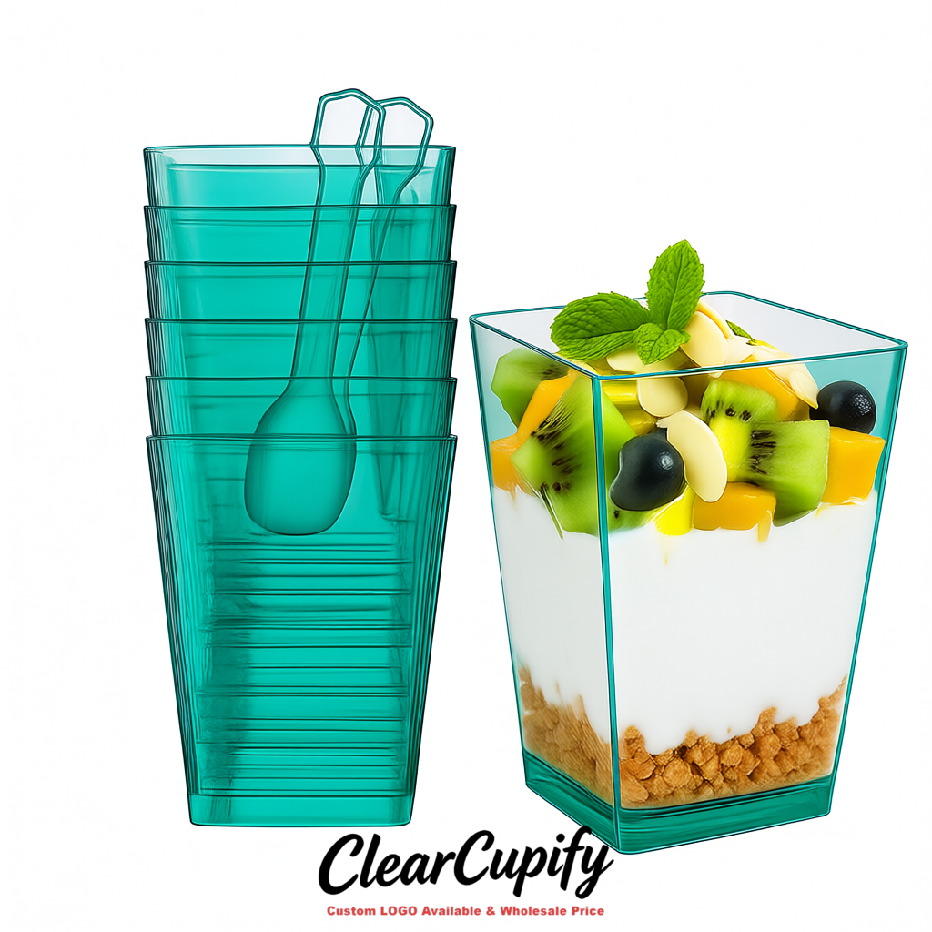Wholesale Teal 5 oz Square Clear Plastic Dessert Cups with Spoons for Appetizers, Puddings, Mousse, Parfait