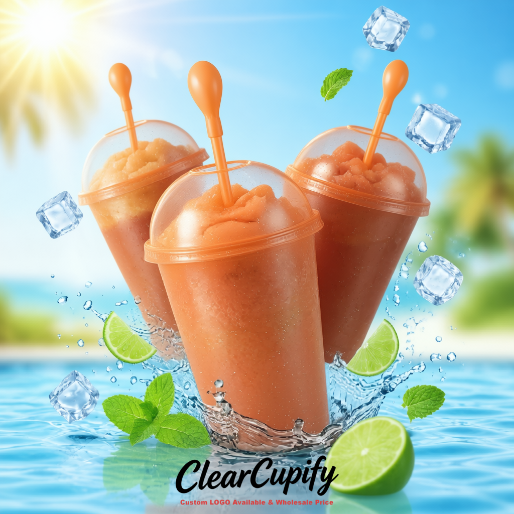 Terracotta 16 oz Plastic Slushie Cups with Dome Lid & Detachable Spoon Straws for Milkshake, Boba, Smoothies, Iced Coffee