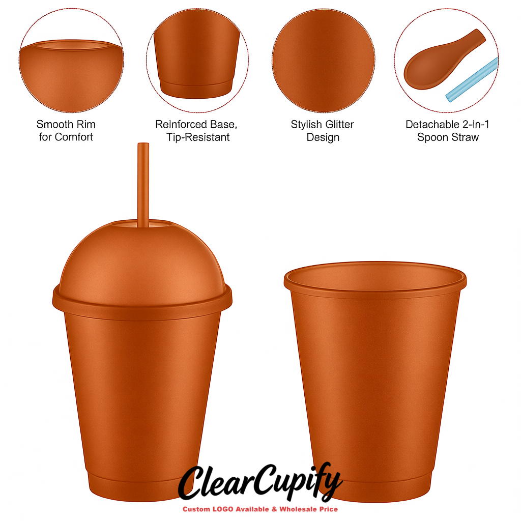 Terracotta 16 oz Plastic Slushie Cups with Dome Lid & Detachable Spoon Straws for Milkshake, Boba, Smoothies, Iced Coffee