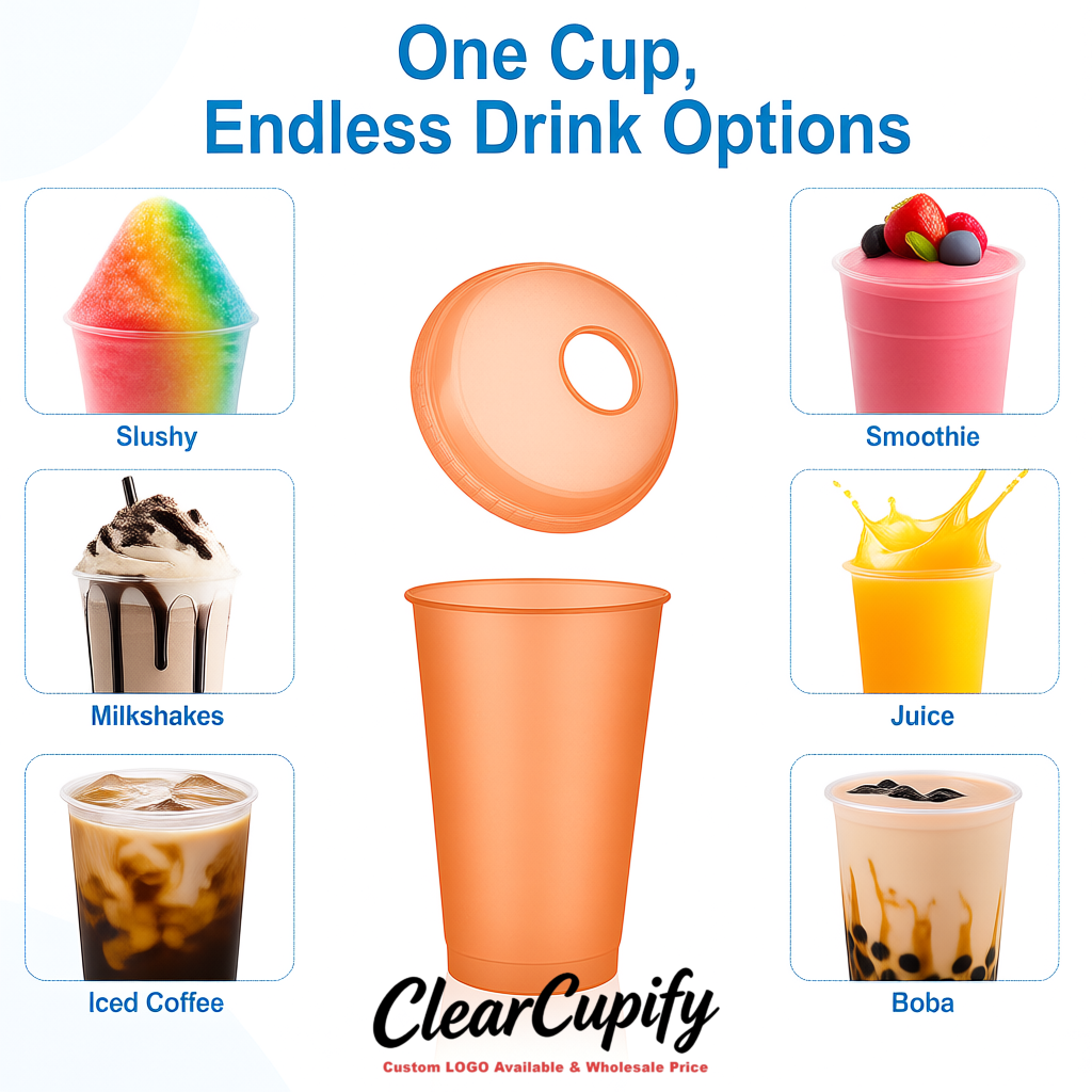Terracotta 16 oz Plastic Slushie Cups with Dome Lid & Detachable Spoon Straws for Milkshake, Boba, Smoothies, Iced Coffee