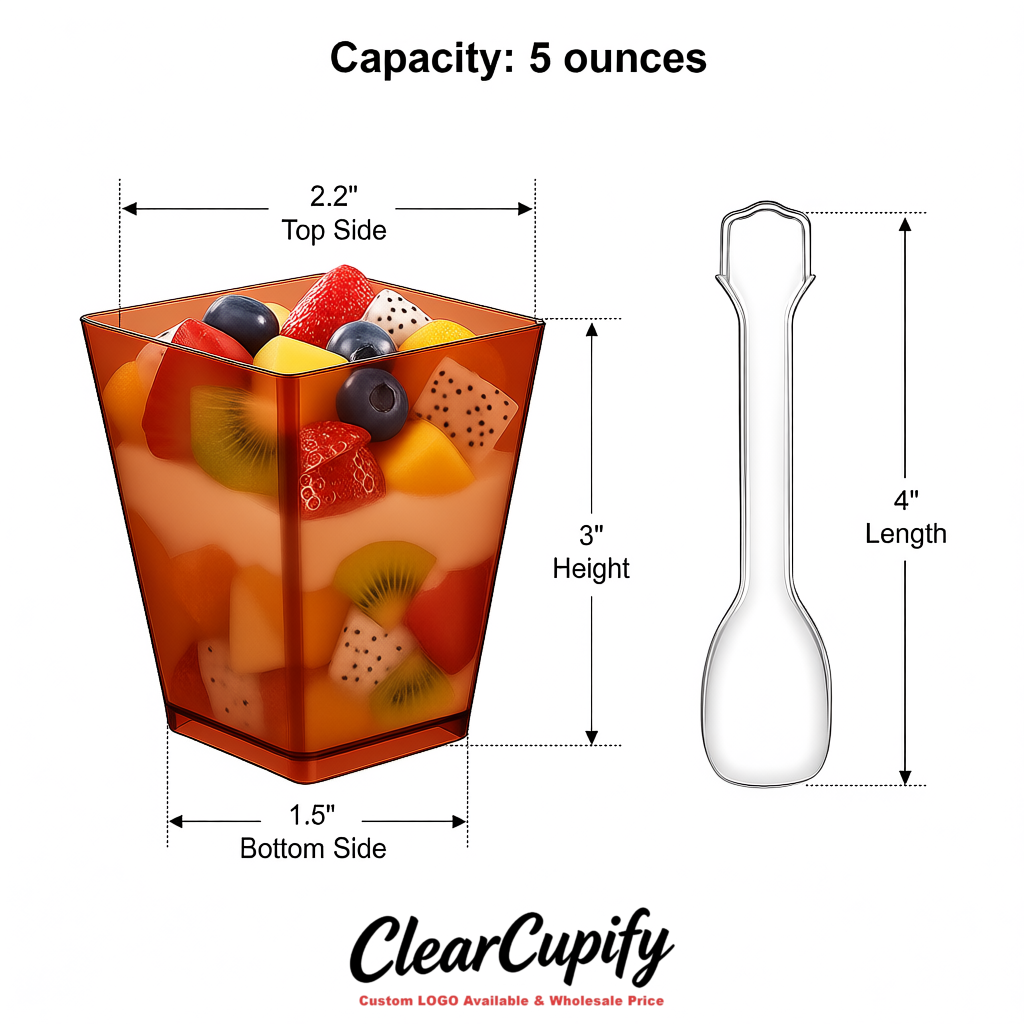 Wholesale Terracotta 5 oz Square Clear Plastic Dessert Cups with Spoons for Appetizers, Puddings, Mousse, Parfait