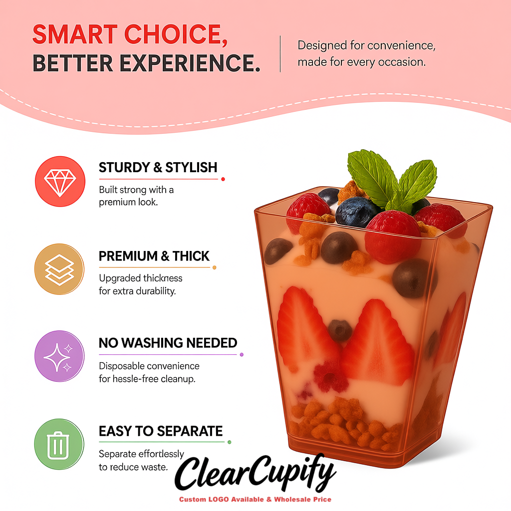 Wholesale Terracotta 5 oz Square Clear Plastic Dessert Cups with Spoons for Appetizers, Puddings, Mousse, Parfait