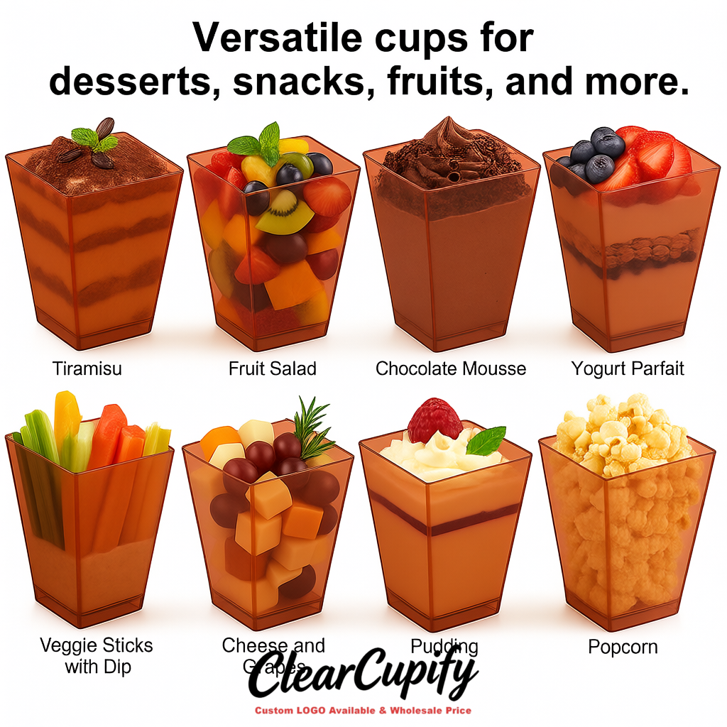 Wholesale Terracotta 5 oz Square Clear Plastic Dessert Cups with Spoons for Appetizers, Puddings, Mousse, Parfait