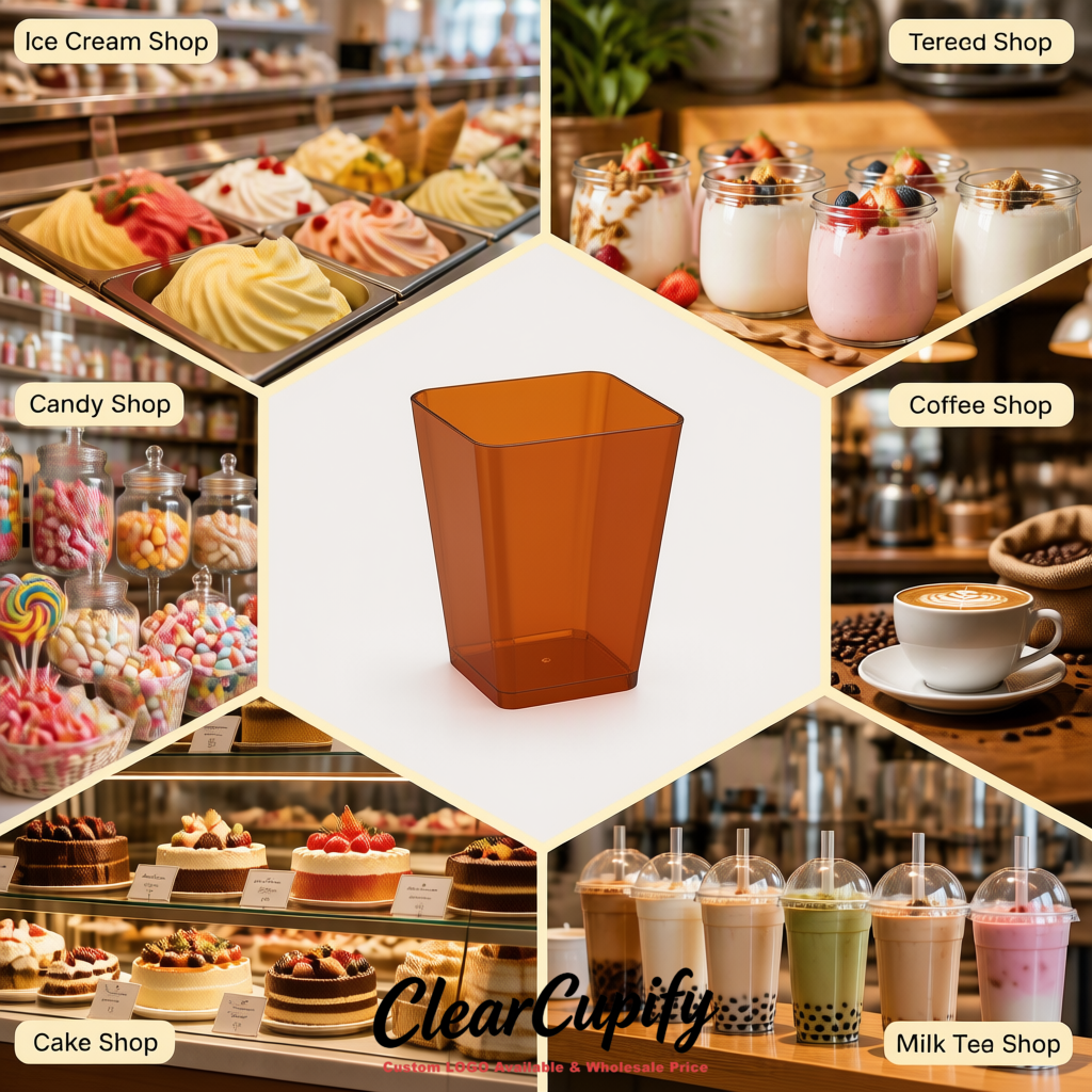 Wholesale Terracotta 5 oz Square Clear Plastic Dessert Cups with Spoons for Appetizers, Puddings, Mousse, Parfait