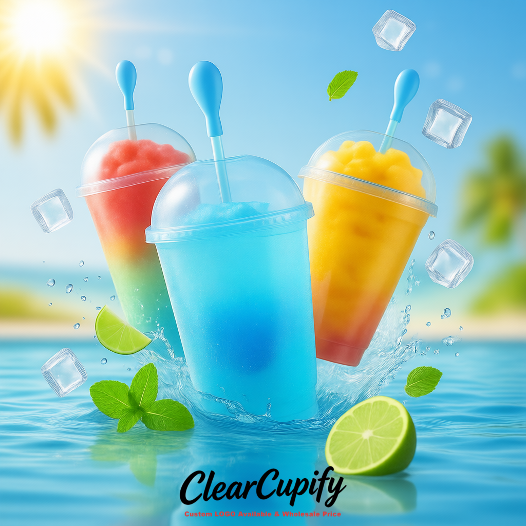 Transparent 16 oz Plastic Slushie Cups with Dome Lid & Detachable Spoon Straws for Milkshake, Boba, Smoothies, Iced Coffee