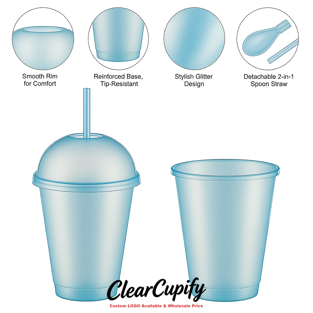 Transparent 16 oz Plastic Slushie Cups with Dome Lid & Detachable Spoon Straws for Milkshake, Boba, Smoothies, Iced Coffee