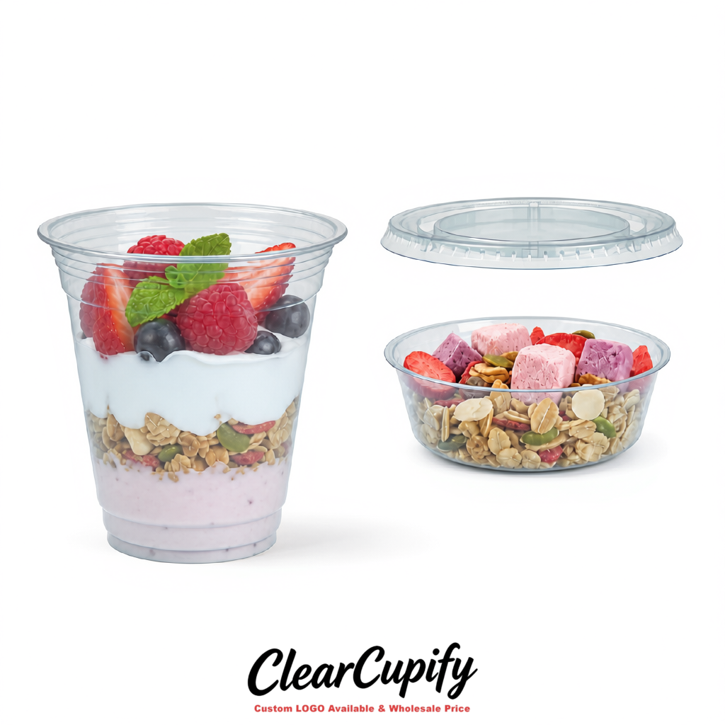 Transparent 12 oz Disposable Plastic Parfait Cups with Insert & Flat lids 3.85 x 2.1 x 4 inches