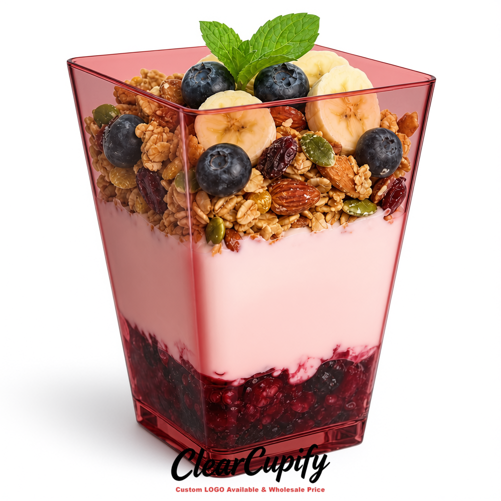 Wholesale Transparent 5 oz Square Clear Plastic Dessert Cups with Spoons for Appetizers, Puddings, Mousse, Parfait