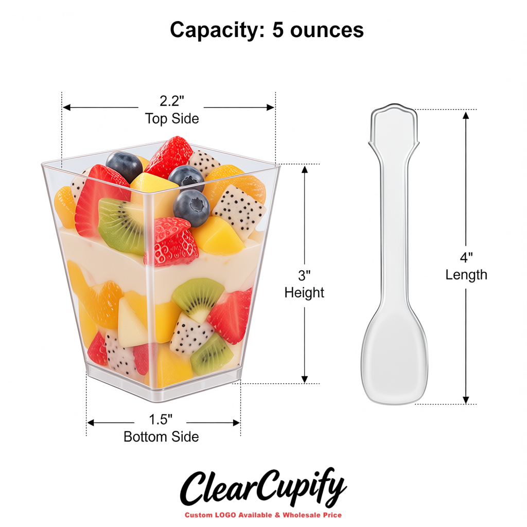 Wholesale Transparent 5 oz Square Clear Plastic Dessert Cups with Spoons for Appetizers, Puddings, Mousse, Parfait