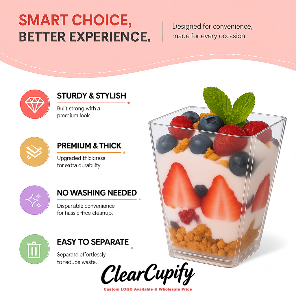 Wholesale Transparent 5 oz Square Clear Plastic Dessert Cups with Spoons for Appetizers, Puddings, Mousse, Parfait Wholesale Transparent 5 oz Square Clear Plastic Dessert Cups with Spoons for Appetizers, Puddings, Mousse, Parfait