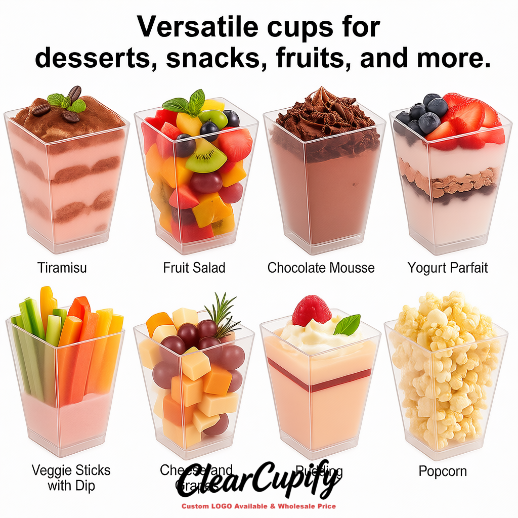 Wholesale Transparent 5 oz Square Clear Plastic Dessert Cups with Spoons for Appetizers, Puddings, Mousse, Parfait