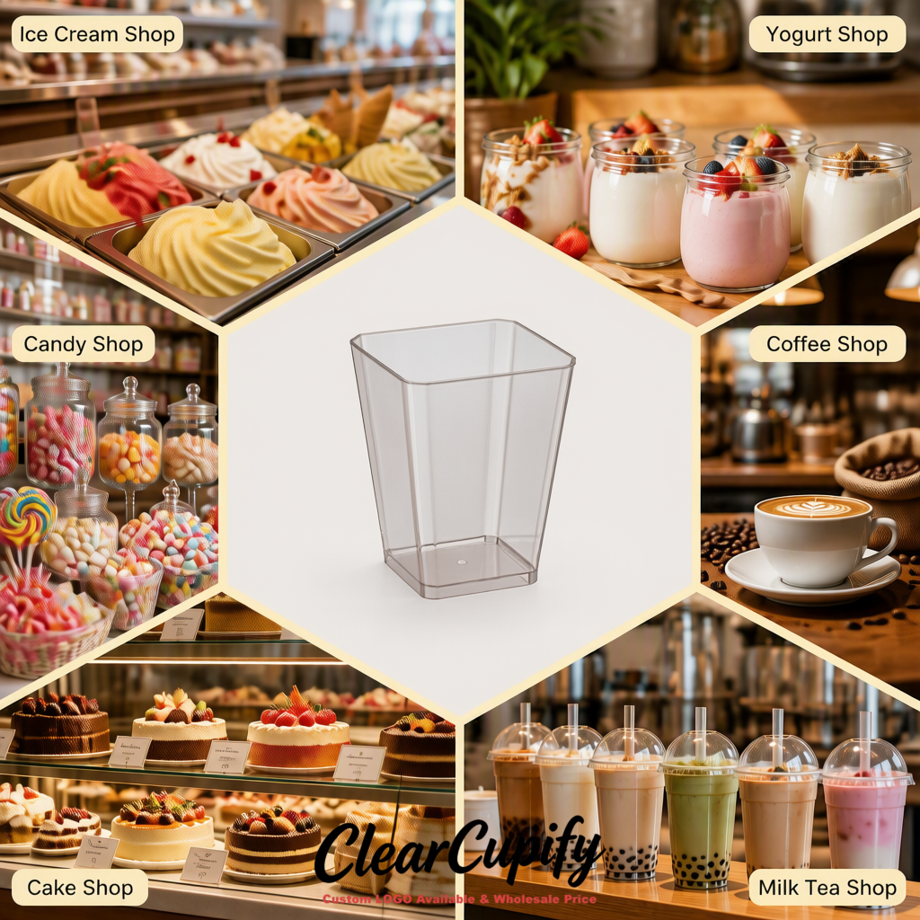 Wholesale Transparent 5 oz Square Clear Plastic Dessert Cups with Spoons for Appetizers, Puddings, Mousse, Parfait