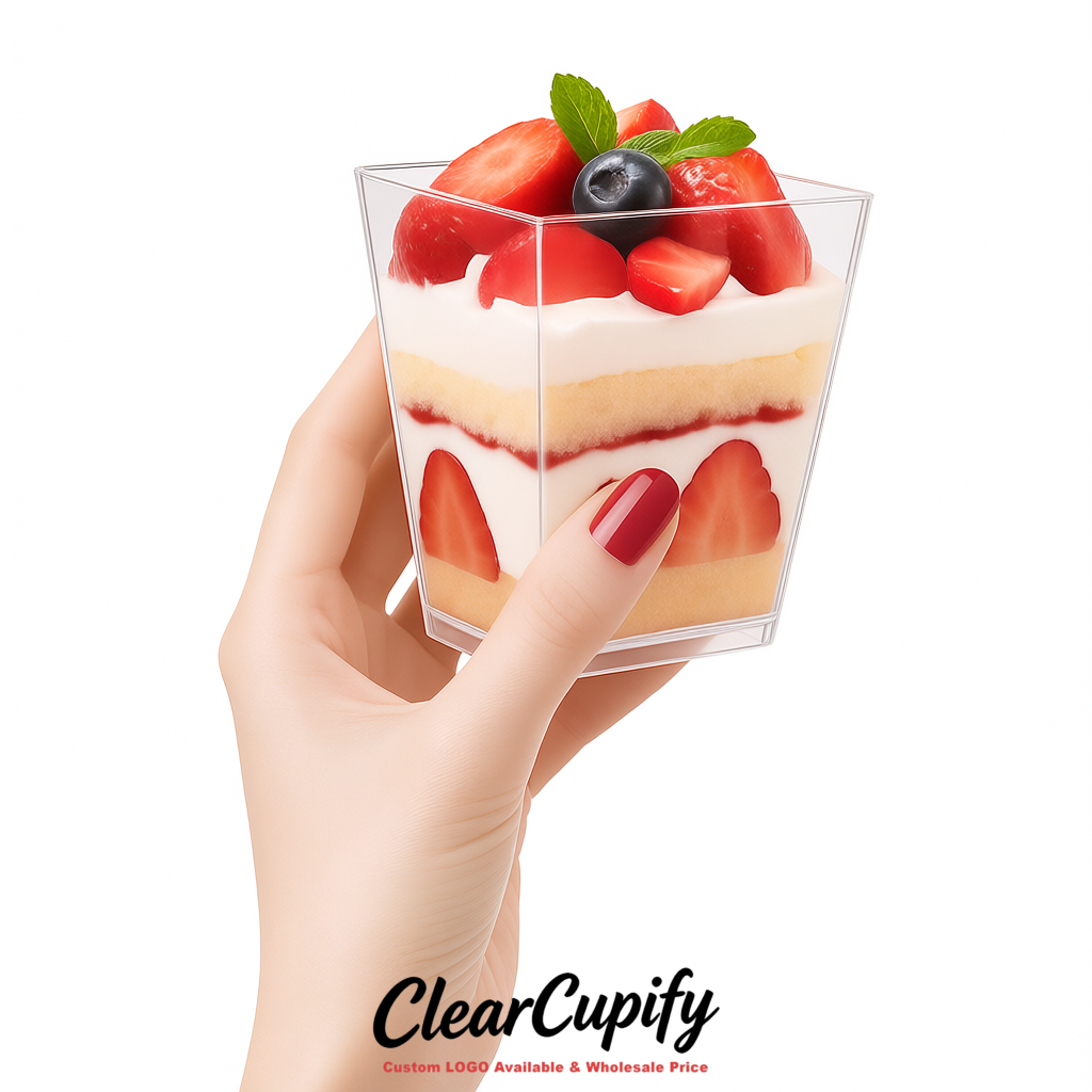 Wholesale Transparent 5 oz Square Clear Plastic Dessert Cups with Spoons for Appetizers, Puddings, Mousse, Parfait