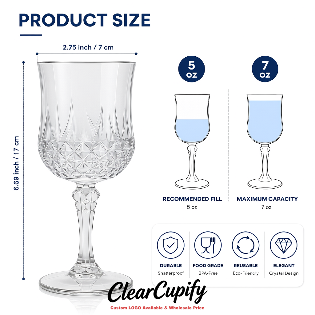 Transparent 7oz Acrylic Plastic Wine Goblets - 2.7 x 6.7 inches Party & Wedding Wine Glasses