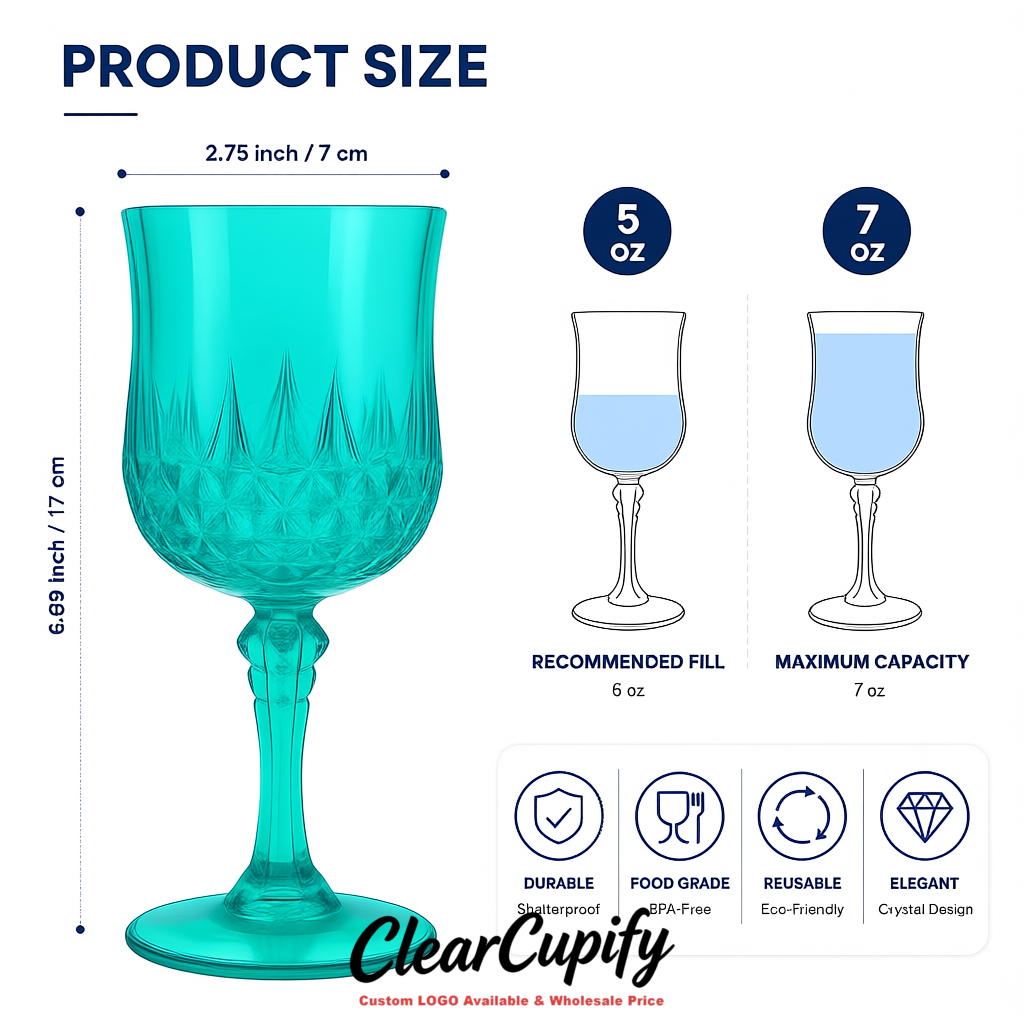 Turquoise 7oz Acrylic Plastic Wine Goblets - 2.7 x 6.7 inches Party & Wedding Wine Glasses