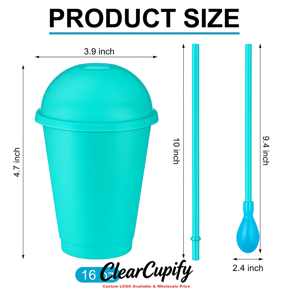 Turquoise 16 oz Plastic Slushie Cups with Dome Lid & Detachable Spoon Straws for Milkshake, Boba, Smoothies, Iced Coffee