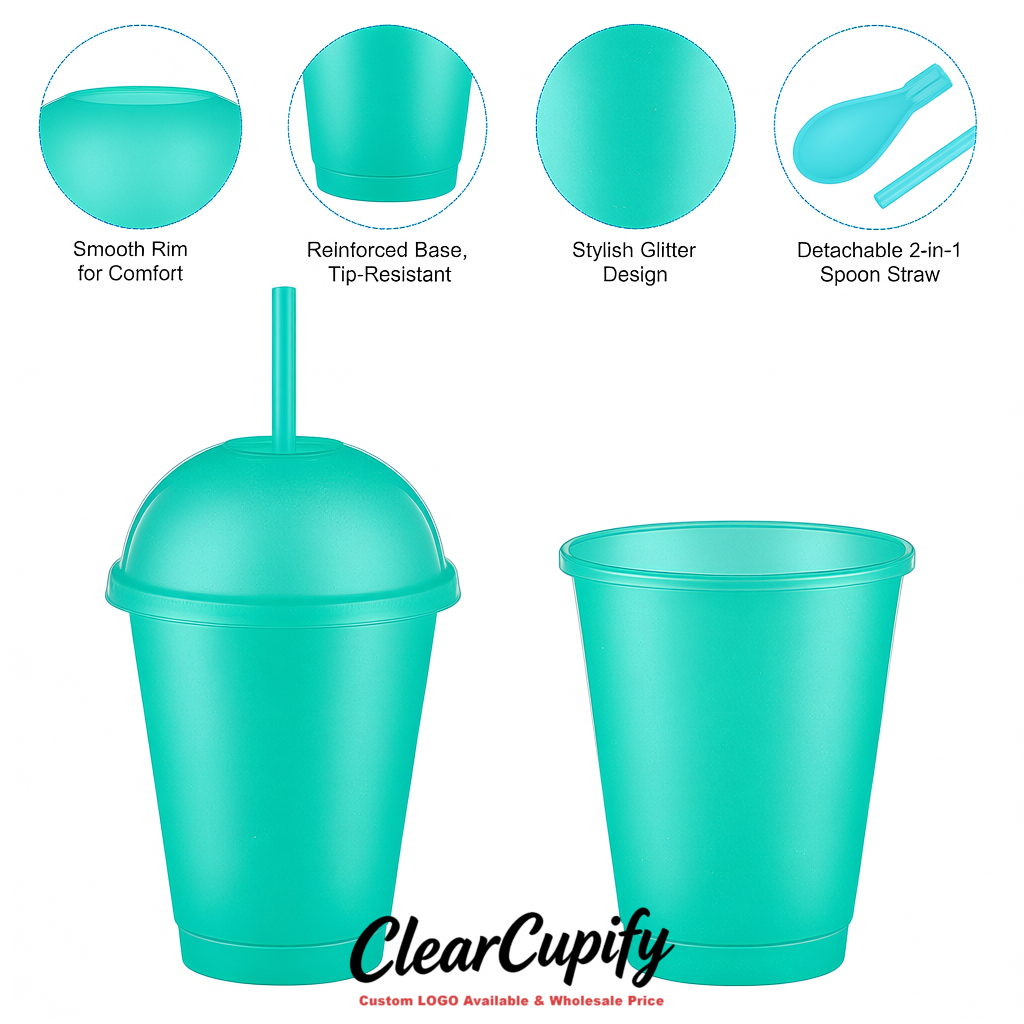 Turquoise 16 oz Plastic Slushie Cups with Dome Lid & Detachable Spoon Straws for Milkshake, Boba, Smoothies, Iced Coffee