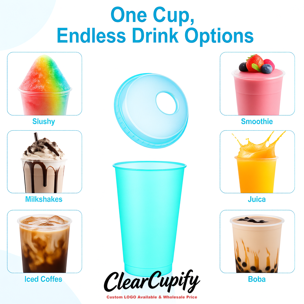 Turquoise 16 oz Plastic Slushie Cups with Dome Lid & Detachable Spoon Straws for Milkshake, Boba, Smoothies, Iced Coffee