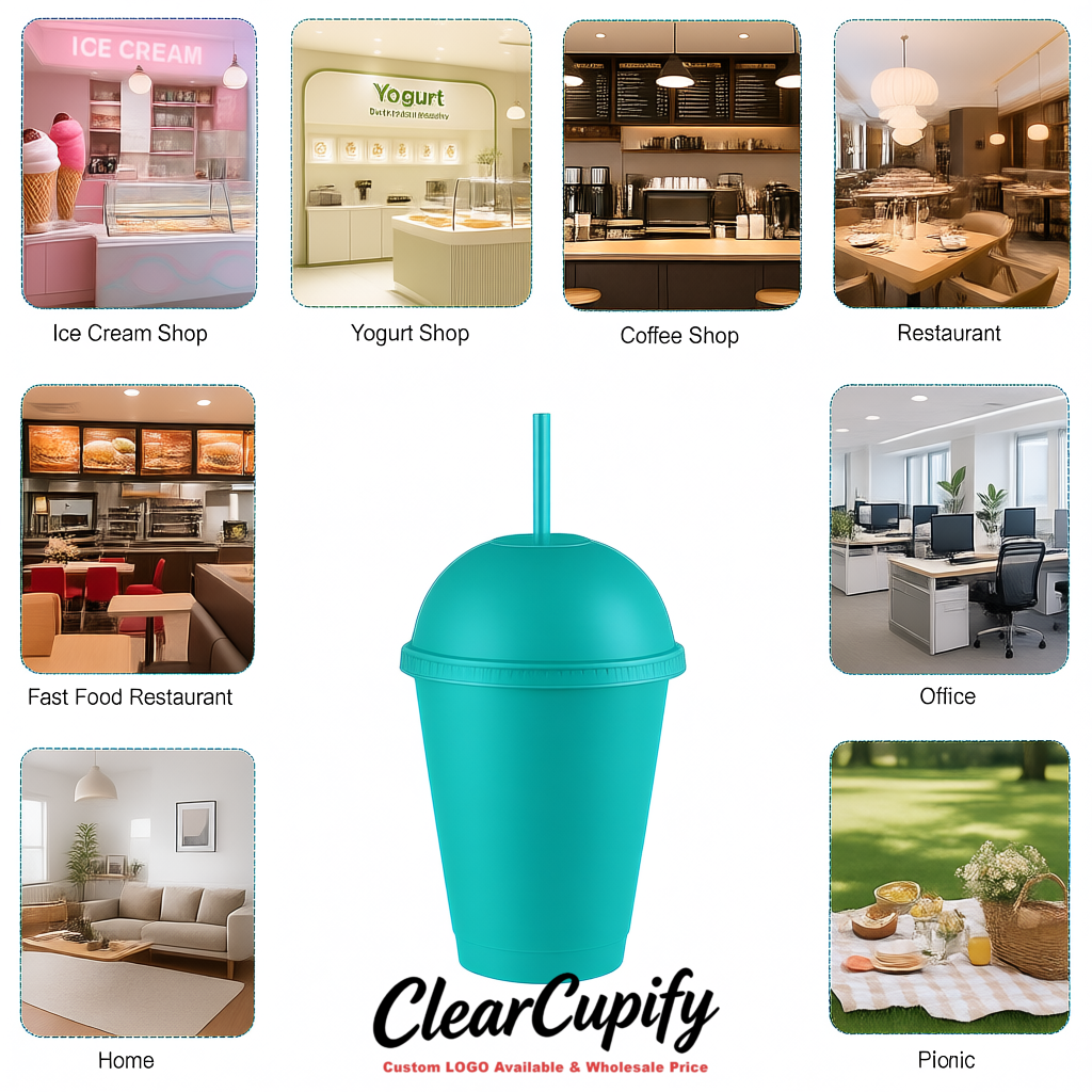 Turquoise 16 oz Plastic Slushie Cups with Dome Lid & Detachable Spoon Straws for Milkshake, Boba, Smoothies, Iced Coffee
