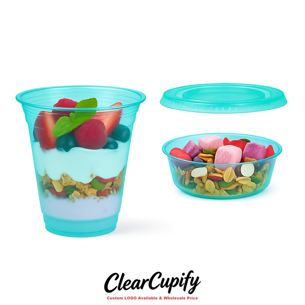 Turquoise 12 oz Disposable Plastic Parfait Cups with Insert & Flat lids 3.85 x 2.1 x 4 inches