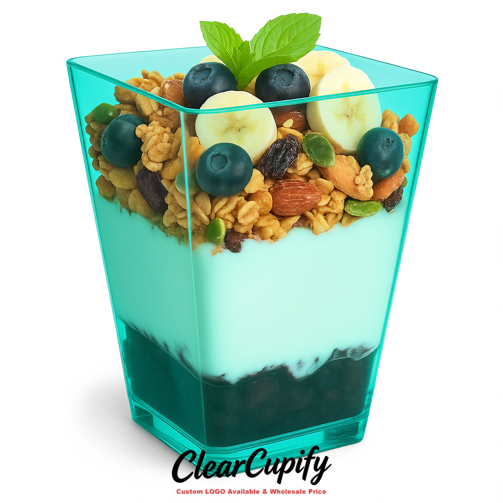 Wholesale Turquoise 5 oz Square Clear Plastic Dessert Cups with Spoons for Appetizers, Puddings, Mousse, Parfait