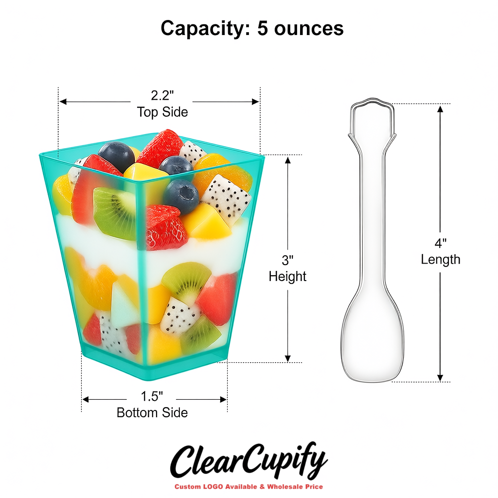 Wholesale Turquoise 5 oz Square Clear Plastic Dessert Cups with Spoons for Appetizers, Puddings, Mousse, Parfait Wholesale Turquoise 5 oz Square Clear Plastic Dessert Cups with Spoons for Appetizers, Puddings, Mousse, Parfait
