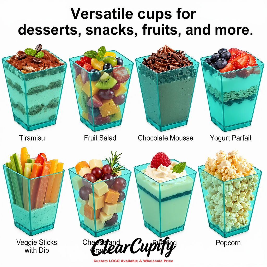 Wholesale Turquoise 5 oz Square Clear Plastic Dessert Cups with Spoons for Appetizers, Puddings, Mousse, Parfait