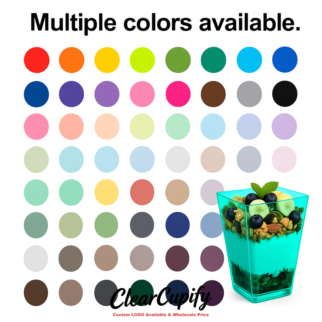 Wholesale Turquoise 5 oz Square Clear Plastic Dessert Cups with Spoons for Appetizers, Puddings, Mousse, Parfait