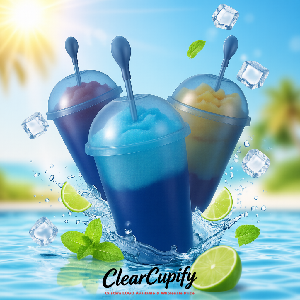Ultramarine 16 oz Plastic Slushie Cups with Dome Lid & Detachable Spoon Straws for Milkshake, Boba, Smoothies, Iced Coffee