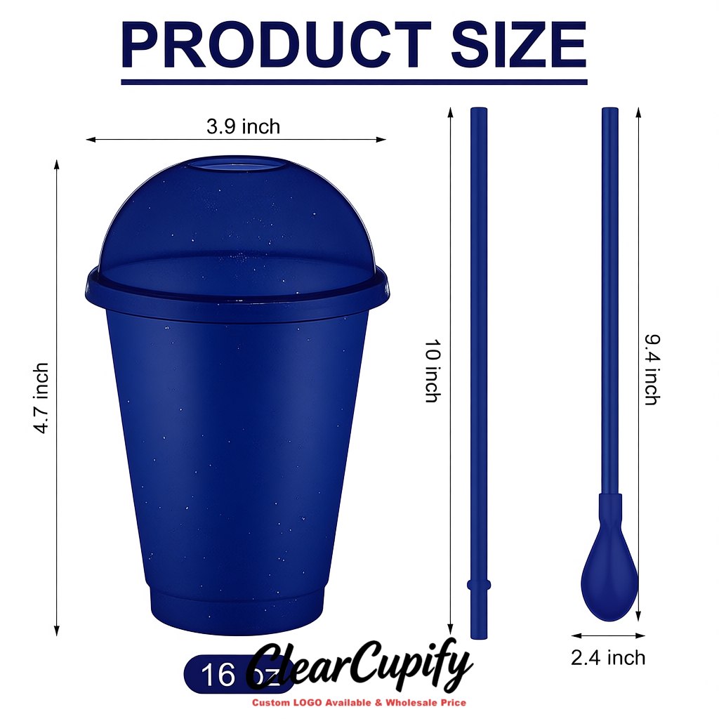 Ultramarine 16 oz Plastic Slushie Cups with Dome Lid & Detachable Spoon Straws for Milkshake, Boba, Smoothies, Iced Coffee