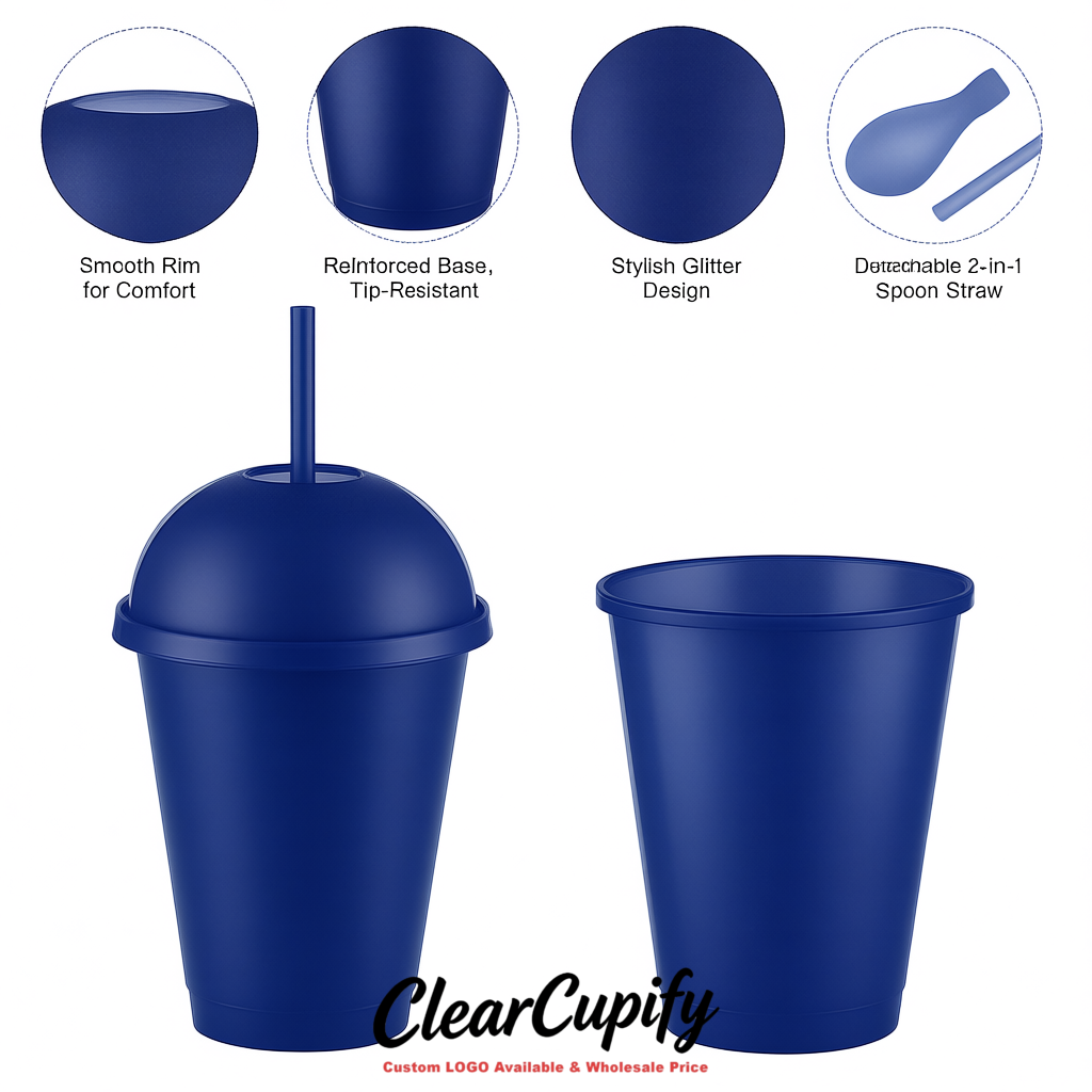 Ultramarine 16 oz Plastic Slushie Cups with Dome Lid & Detachable Spoon Straws for Milkshake, Boba, Smoothies, Iced Coffee