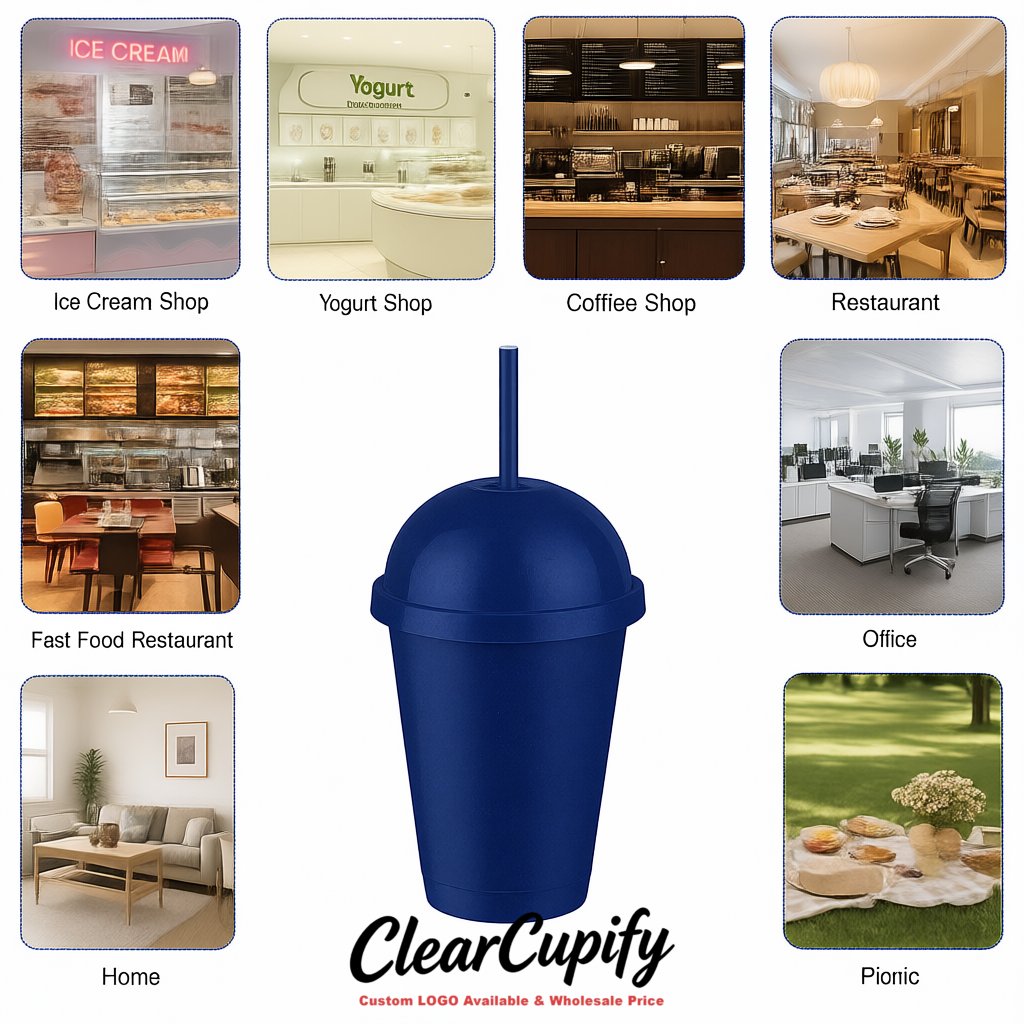 Ultramarine 16 oz Plastic Slushie Cups with Dome Lid & Detachable Spoon Straws for Milkshake, Boba, Smoothies, Iced Coffee
