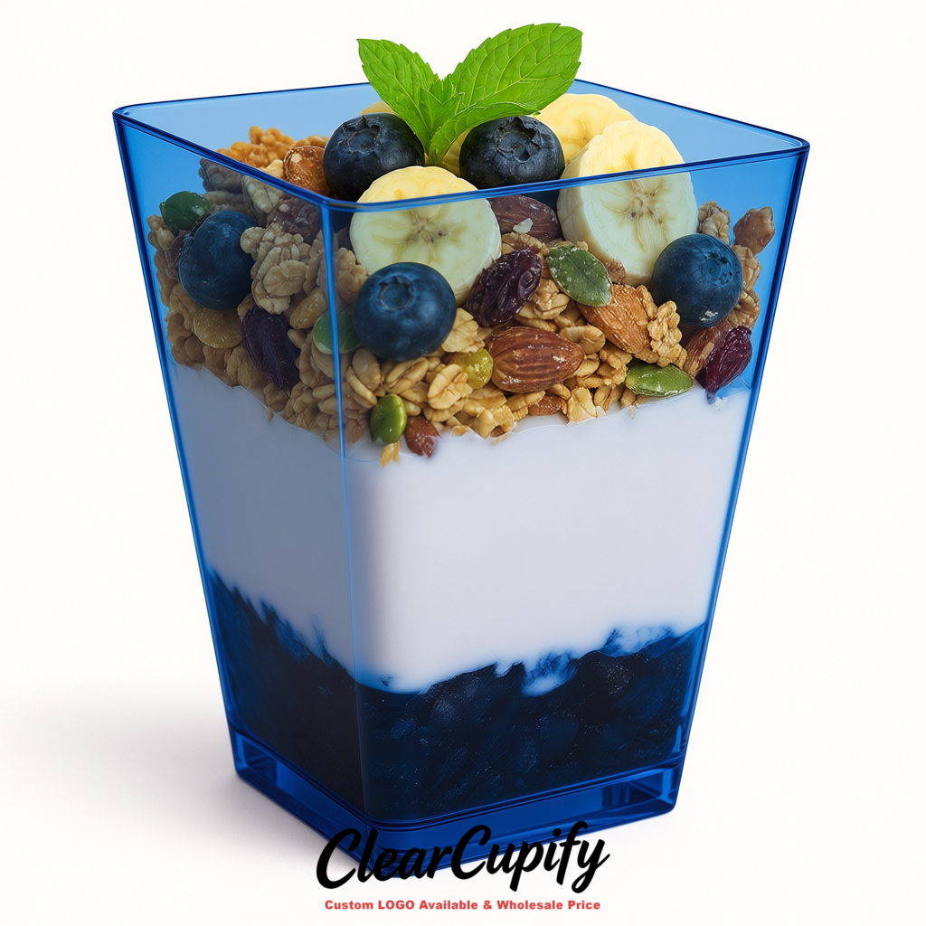 Wholesale Ultramarine 5 oz Square Clear Plastic Dessert Cups with Spoons for Appetizers, Puddings, Mousse, Parfait