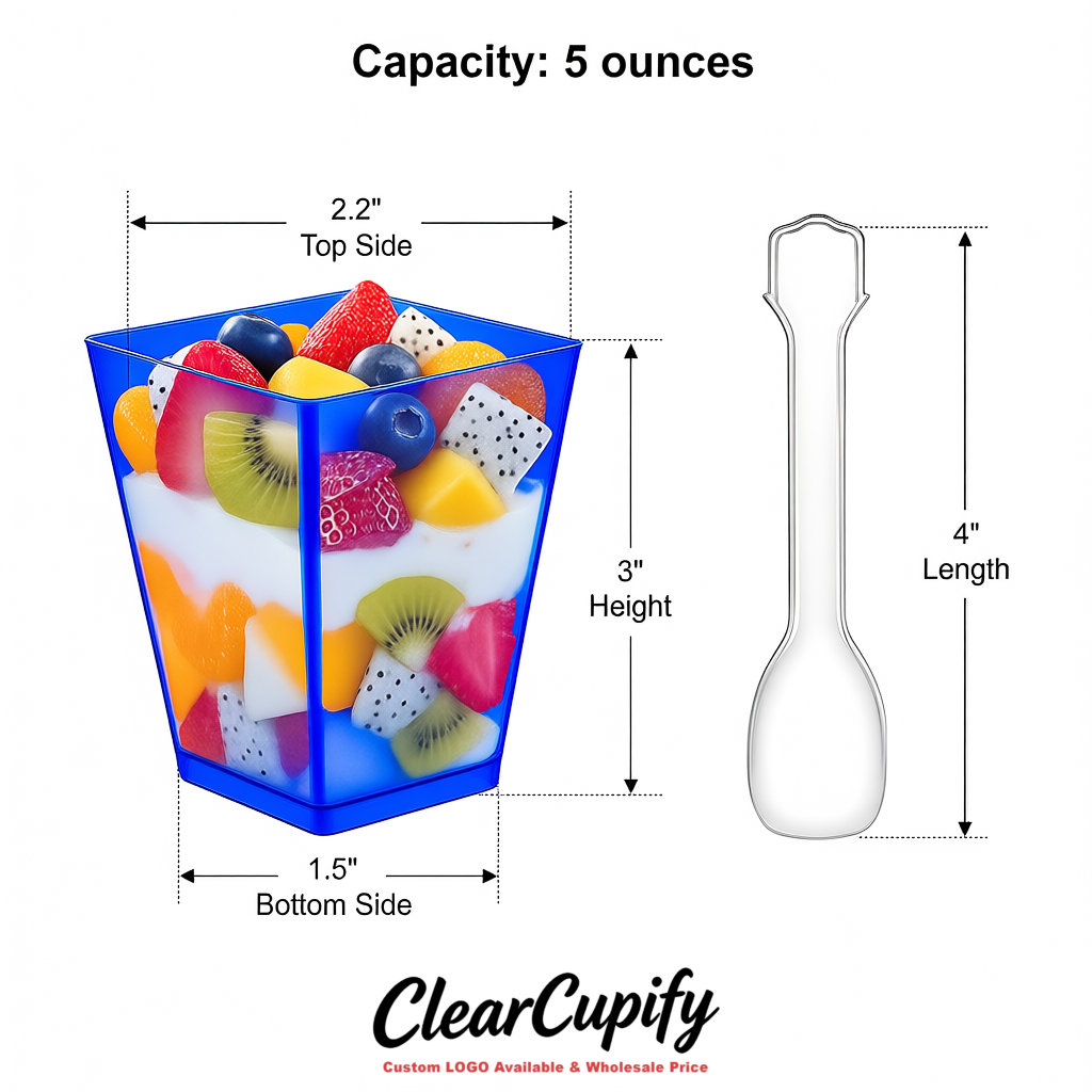 Wholesale Ultramarine 5 oz Square Clear Plastic Dessert Cups with Spoons for Appetizers, Puddings, Mousse, Parfait Wholesale Ultramarine 5 oz Square Clear Plastic Dessert Cups with Spoons for Appetizers, Puddings, Mousse, Parfait