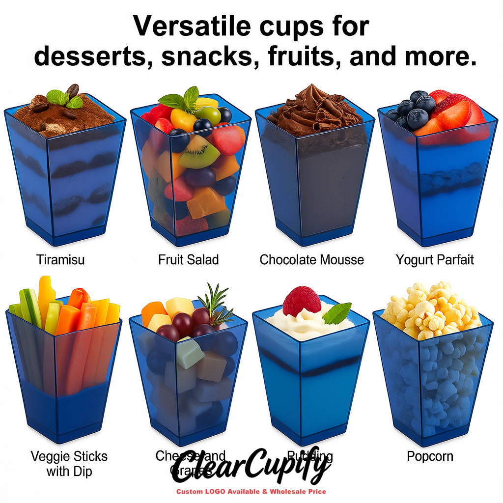 Wholesale Ultramarine 5 oz Square Clear Plastic Dessert Cups with Spoons for Appetizers, Puddings, Mousse, Parfait