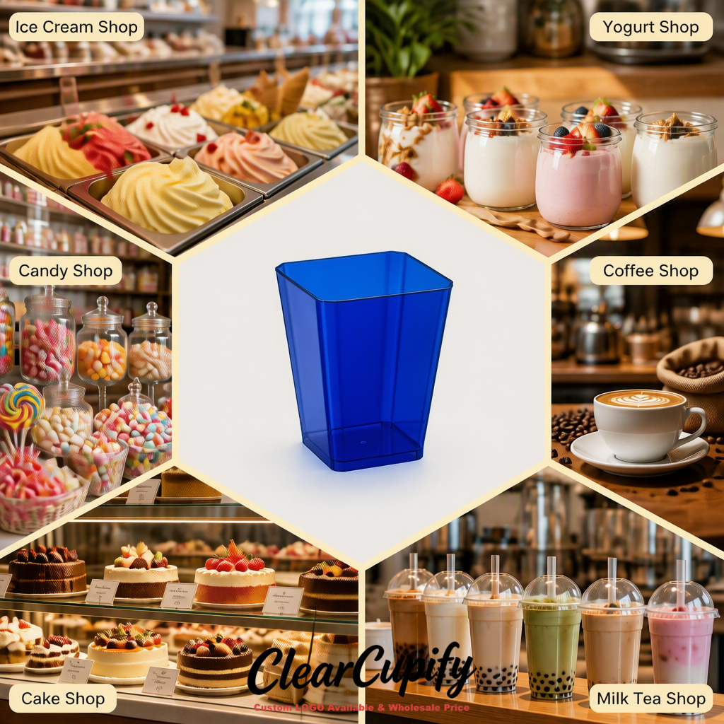 Wholesale Ultramarine 5 oz Square Clear Plastic Dessert Cups with Spoons for Appetizers, Puddings, Mousse, Parfait