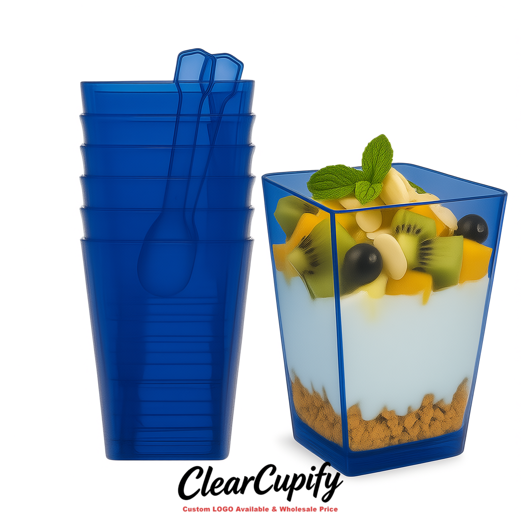 Wholesale Ultramarine 5 oz Square Clear Plastic Dessert Cups with Spoons for Appetizers, Puddings, Mousse, Parfait