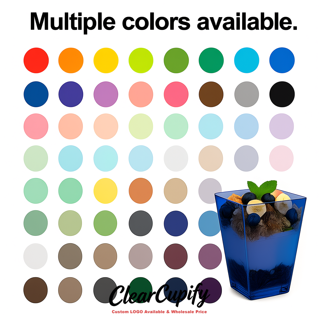 Wholesale Ultramarine 5 oz Square Clear Plastic Dessert Cups with Spoons for Appetizers, Puddings, Mousse, Parfait