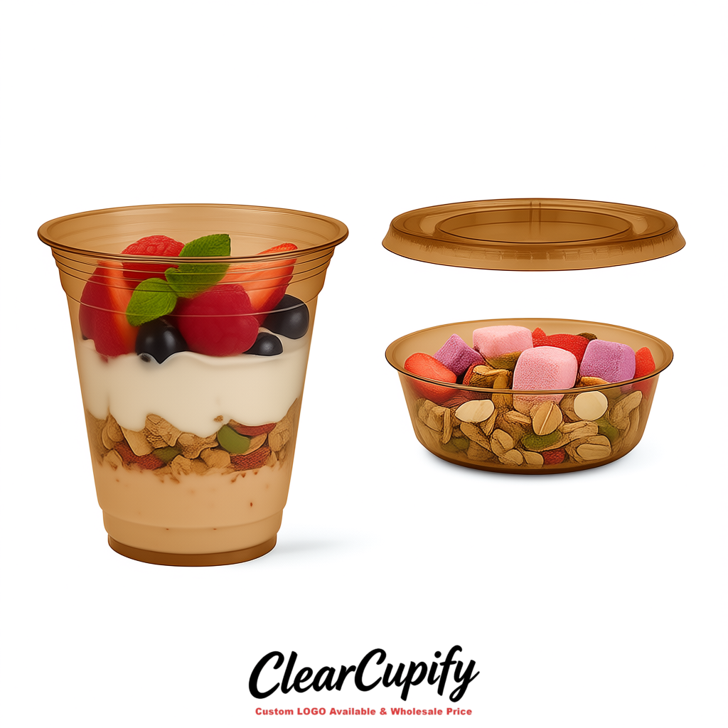 Umber 12 oz Disposable Plastic Parfait Cups with Insert & Flat lids 3.85 x 2.1 x 4 inches